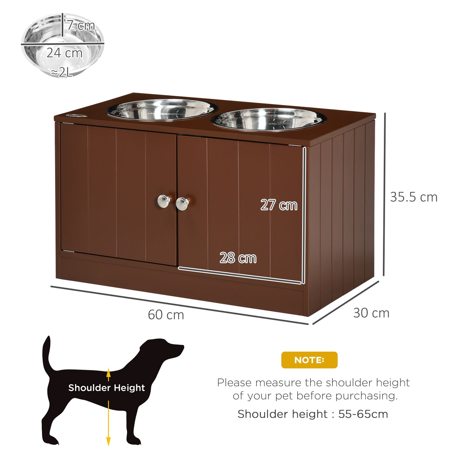 PawHut Large Elevated Dog Bowls with Storage Cabinet Containing Large 44L Capacity, Raised Dog Bowl Stand Pet Food Bowl Dog Feeding Station, Brown