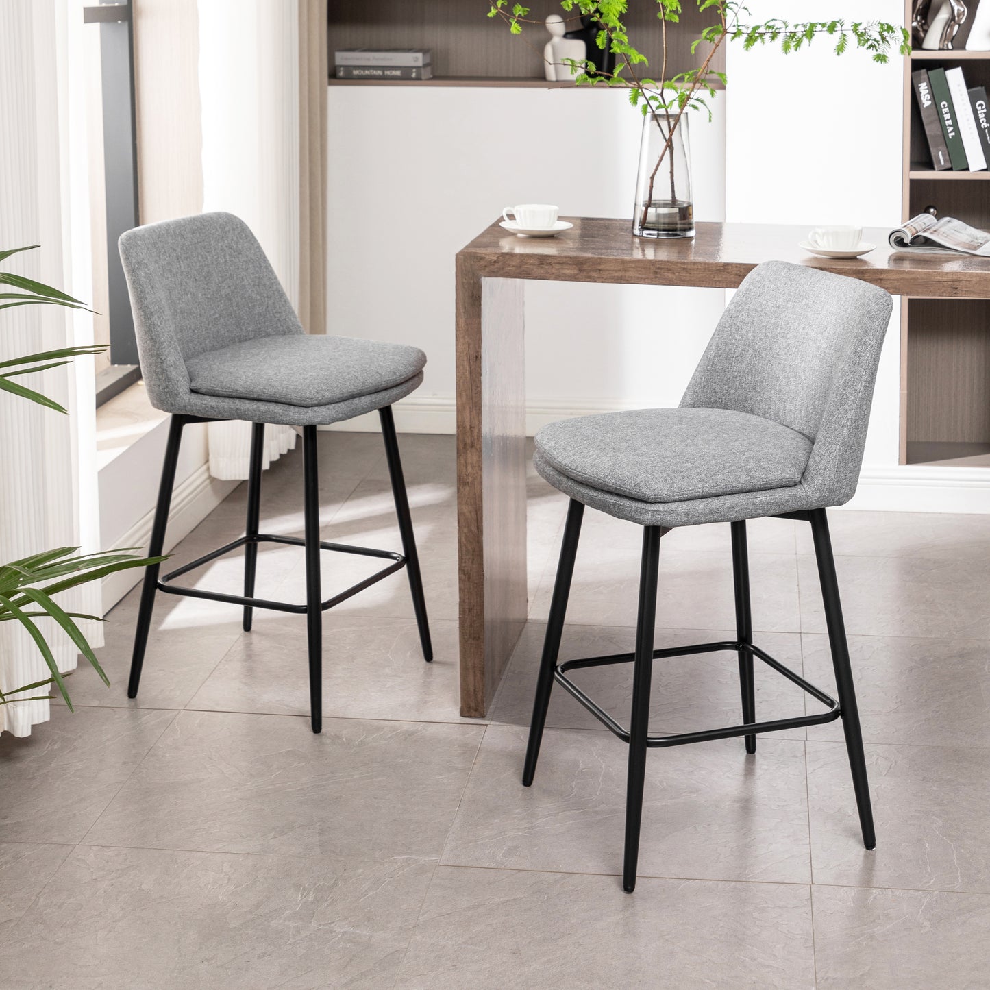 Counter Height Swivel Bar Stools Set of 2, 360° Swivel Upholstered Barstools with Back and Metal Legs, 25.6" Seat Height,Counter Stools for Kitchen Island and Pub,Linen Cloth,Grey