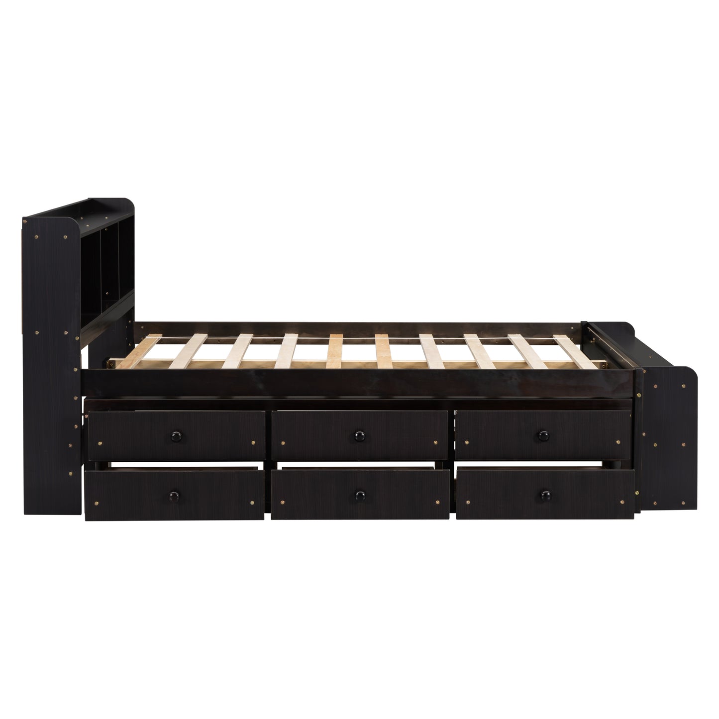 Full Bed with Bookcase Headboard, Under bed Storage Drawers and Bed End Storage Case,Espresso