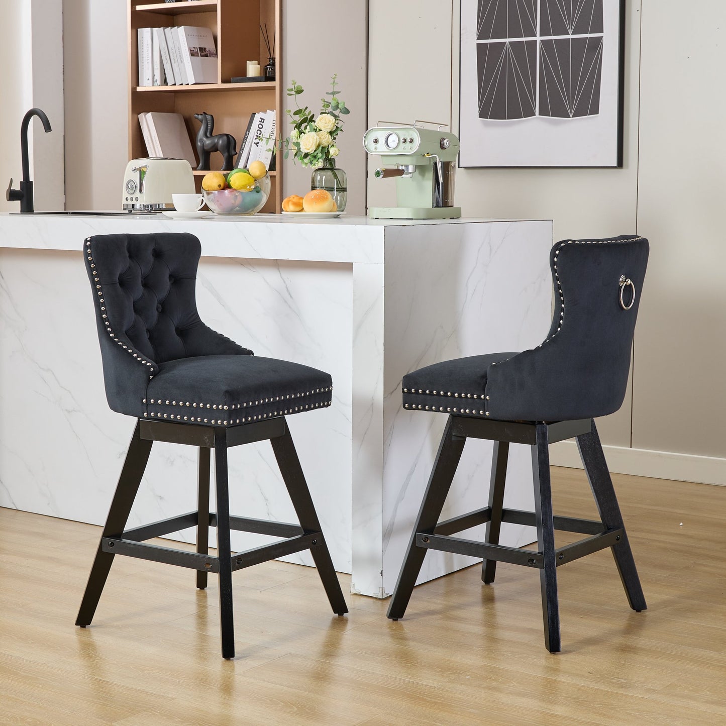 Swivel Velvet Barstools with Button Tufted Decoration and Wooden Legs, and Chrome Nailhead Trim, Leisure Style Bar Chairs,Bar stools, Set of 2 (Black),SW1860BK