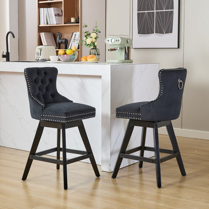 Swivel Velvet Barstools with Button Tufted Decoration and Wooden Legs, and Chrome Nailhead Trim, Leisure Style Bar Chairs,Bar stools, Set of 2 (Black),SW1860BK