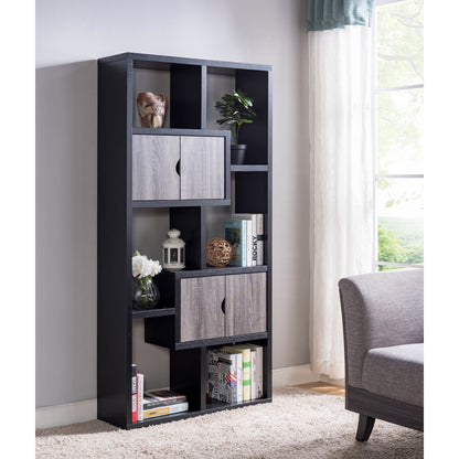 Two-Toned Display Cabinet, Two Door Bookcase Six Shelves in Black & Distressed Grey