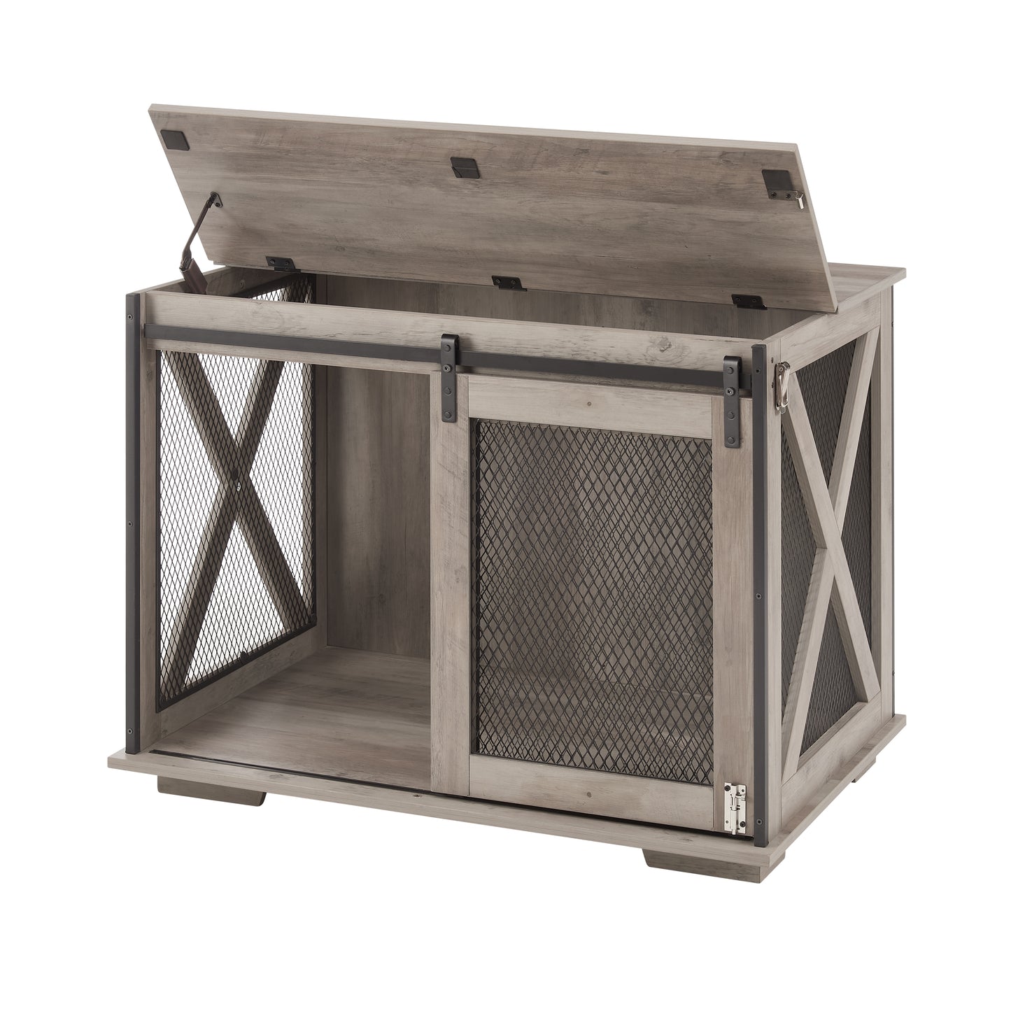 Farmhouse Dog Cage Crate Furniture with Sliding Barn Door,  Farmhouse Wooden Dog Kennel End Table with Flip-top Plate Dog House with Detachable Divider for Small/Medium/Large Dog Gray