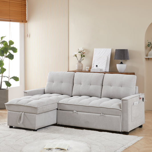 MH 78.75" Reclining Sofa, Pull-Out Sofa Bed with USB and tape-c charging ports, L-Shaped Sectional Sofa with Reclining Storage and Arm Side Organizer Pocket Features, Living Room Comfort Sofa