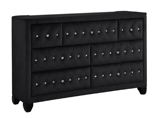 Modern Style Crystal Tufted Upholstery 7-Drawer Dresser finished with Velvet Fabric made with Wood in Black