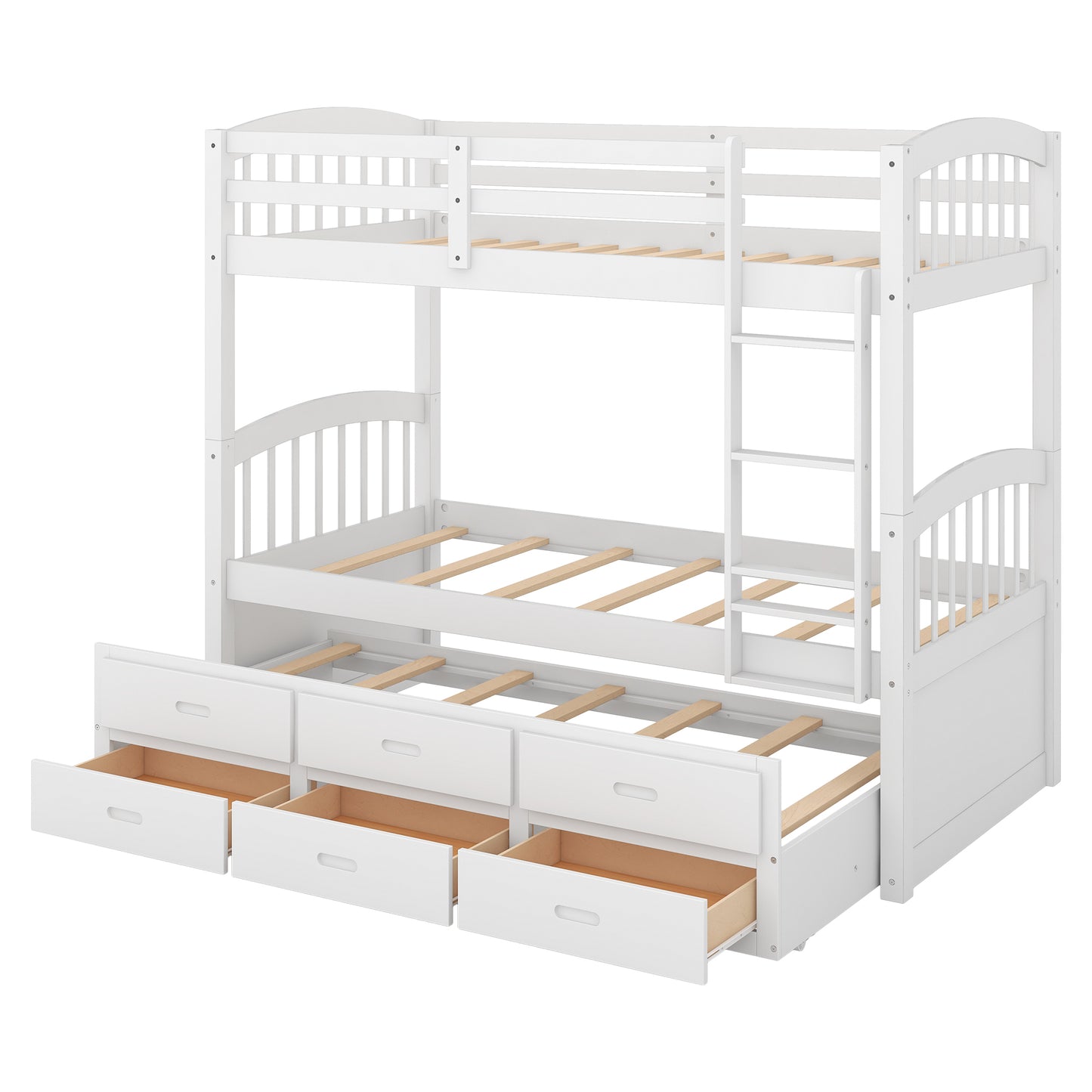 White Twin over Twin Wood Bunk Bed with Trundle and Drawers, Solid Pine Wood with Arched Headboard and Footboard