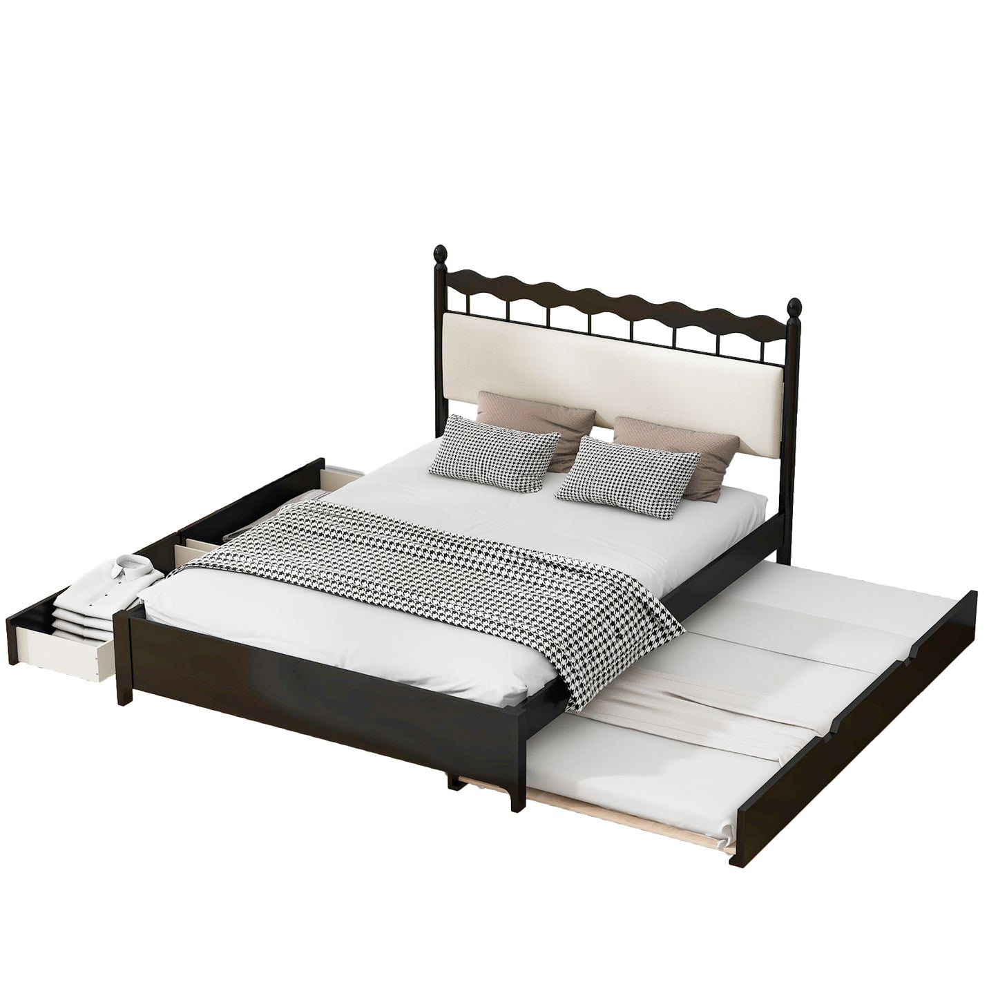 Queen Size Wooden Storage Platform Bed, with 2 Big Drawers, T Size Trundle ,Espresso