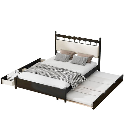 Queen Size Wooden Storage Platform Bed, with 2 Big Drawers, T Size Trundle ,Espresso