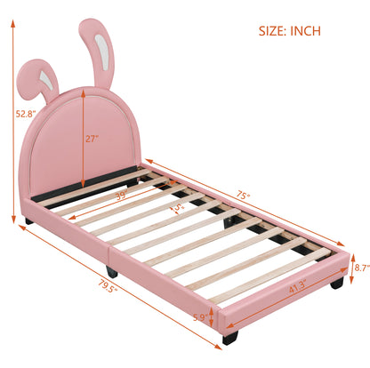 Twin Size Upholstered Leather Platform Bed with Rabbit Ornament, Pink