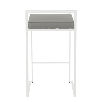 Fuji Contemporary Stackable Counter Stool in White with Grey Faux Leather Cushion by LumiSource - Set of 2