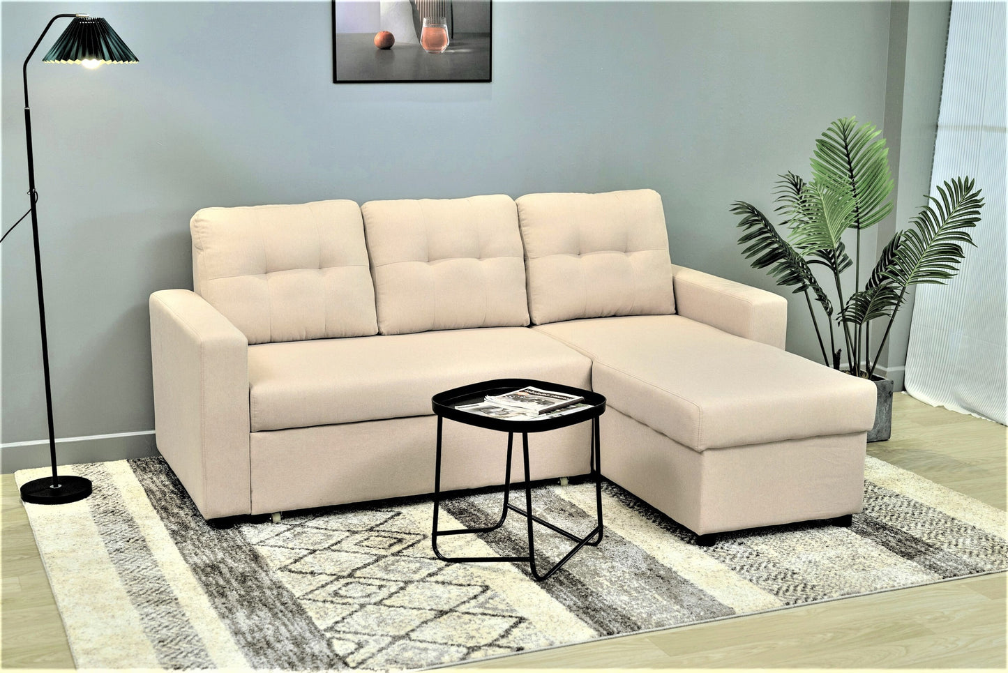 Container Furniture Direct Convertible L-Shaped Sectional Sleeper Sofa Bed, Stylish Apartment Furniture, Saving Pull Out Couch for Small Spaces and Living Rooms, Beige