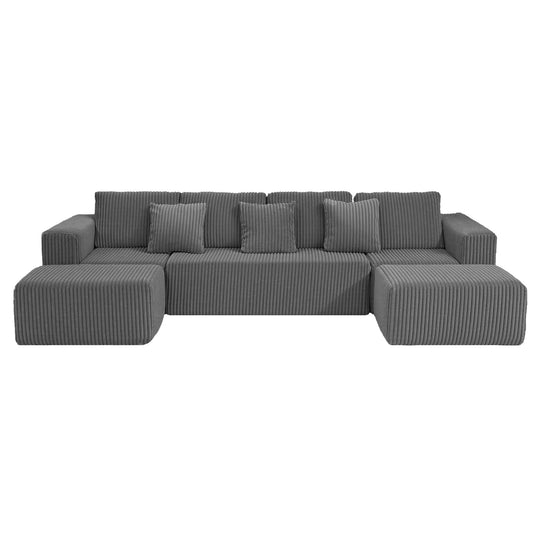 Modular U-Shaped Sectional Sofa, 132-inch 4-Seater Chaise Lounge with Reversible Design, Striped Corduroy Fabric in Gray – Customizable Living Room or Bedroom Couch, Freely Configurable Layout