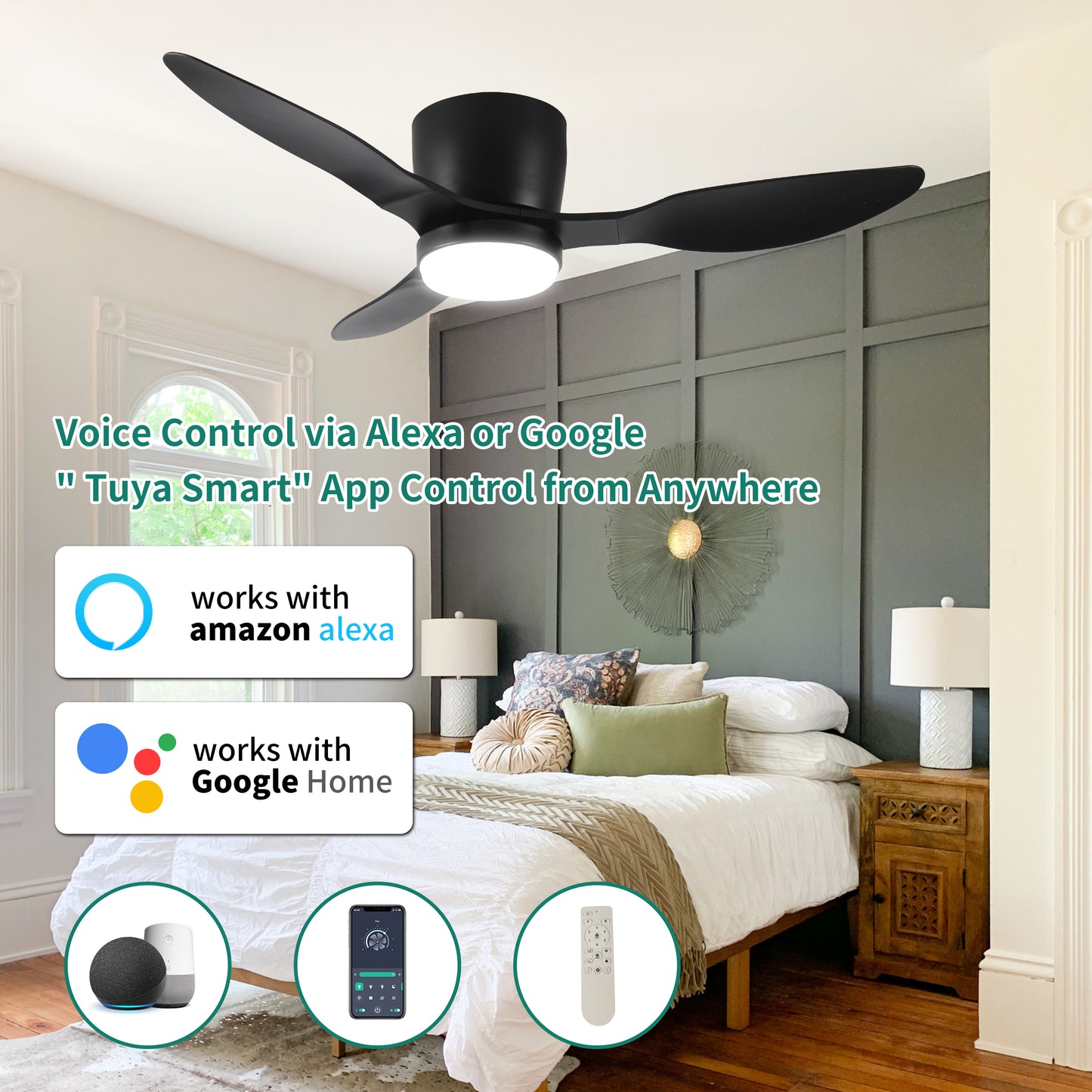 42" Smart Flush Mount Ceiling Fans with Lights Remote,Quiet DC Motor,Outdoor Indoor Low Profile  Ceiling Fan,Control with WIFI Alexa App,Dimmable,ABS  blades,for Modern Bedroom Patio