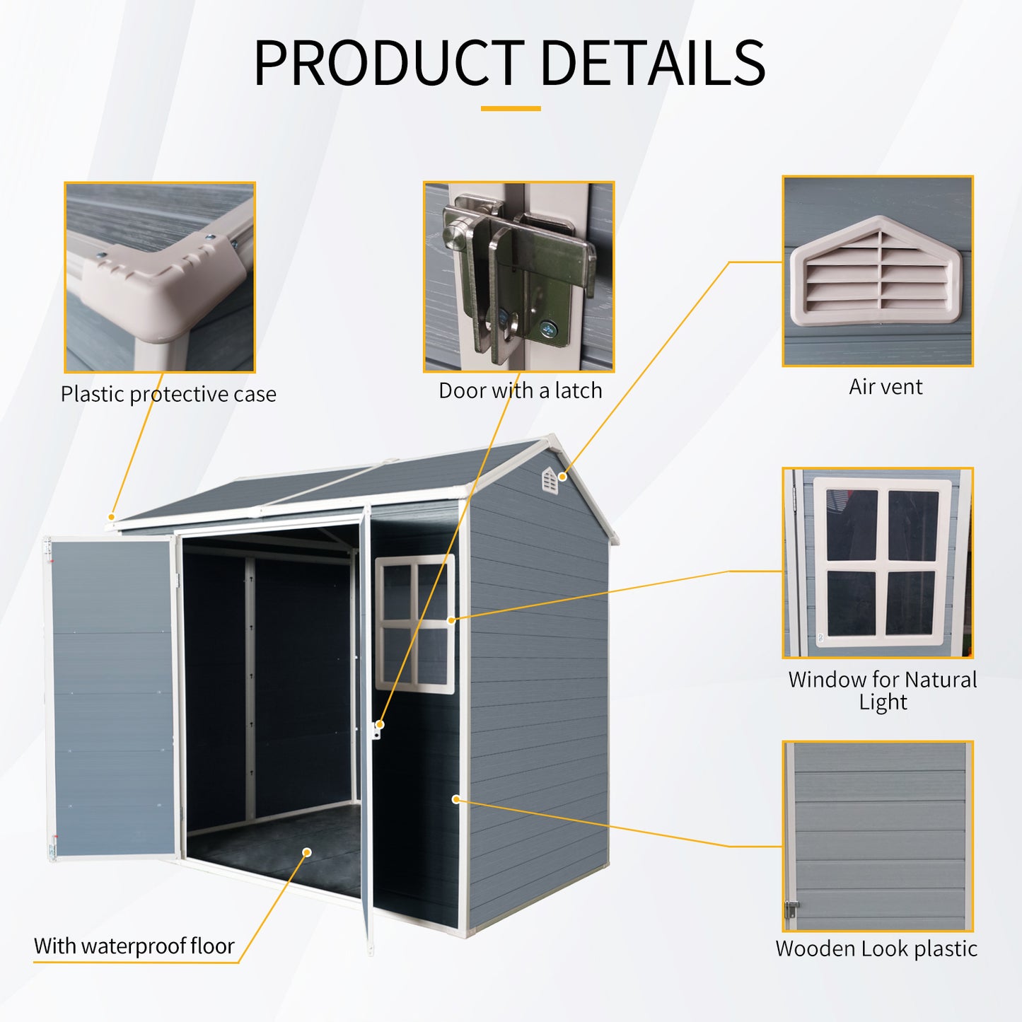 8x4ft Resin Outdoor Storage Shed with Two-Window and Double-Door,Plastic Shed with Floor for Gargen,Patio,Yard,Lawn,Grey