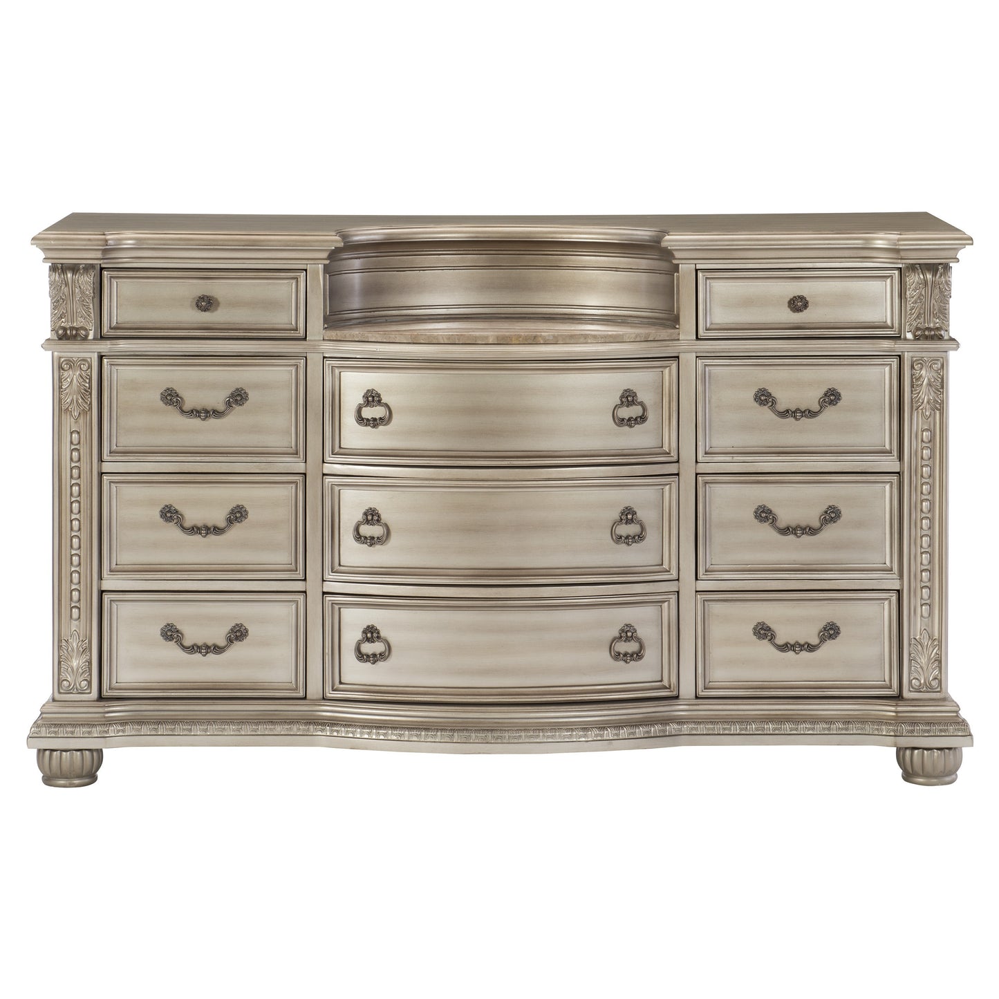Silver Finish European Design 1pc Luxury Dresser with 11 Drawers Genuine Marble Insert Traditional Bedroom Furniture