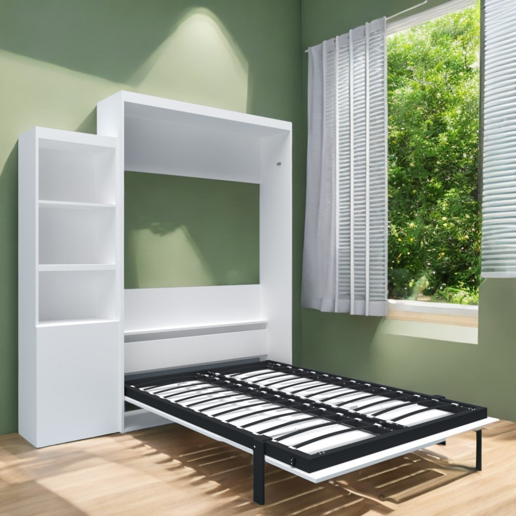 Queen  Size Morden Deisgn Big Size Vertical Murphy Bed with table and shelf  for Bedroom or Guestroom White Wall Bed Space Saving Hidden Bed with New Style Gas Struts