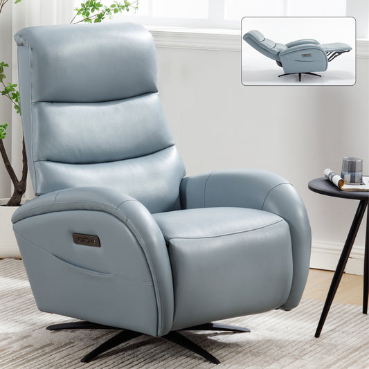 Blue Leatheraire Dual Motor 270° Swivel Power Recliner Chair With Heavy Duty Motion Mechanism, USB and Type-C Charging Ports.