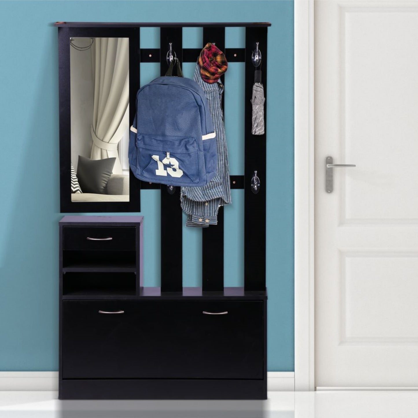 Three In One Combination Model Gate Cabinet with Shoe cabinet+Hang shelf+ Mirror,Black