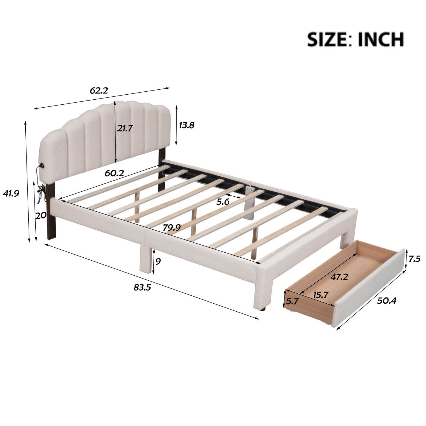 Teddy Fleece Queen Size Upholstered Platform Bed with Drawer, Beige