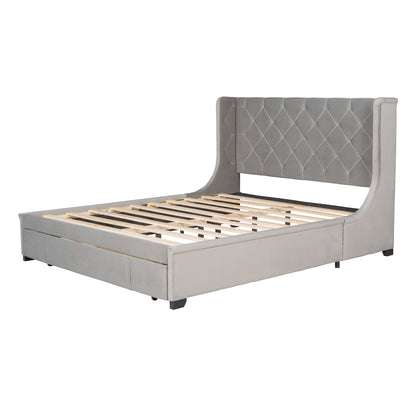 Queen Size Storage Bed Velvet Upholstered Platform Bed with Wingback Headboard and a Big Drawer (Gray)