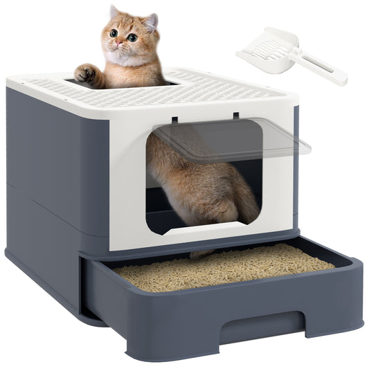 PawHut Cat Litter Box with Lid, Covered Large Cat Litter Box with Scoop, Front Entry and Top Exit, Easy to Clean Kitty Litter Box for Large Adult Cats Up to 13 lbs. , White