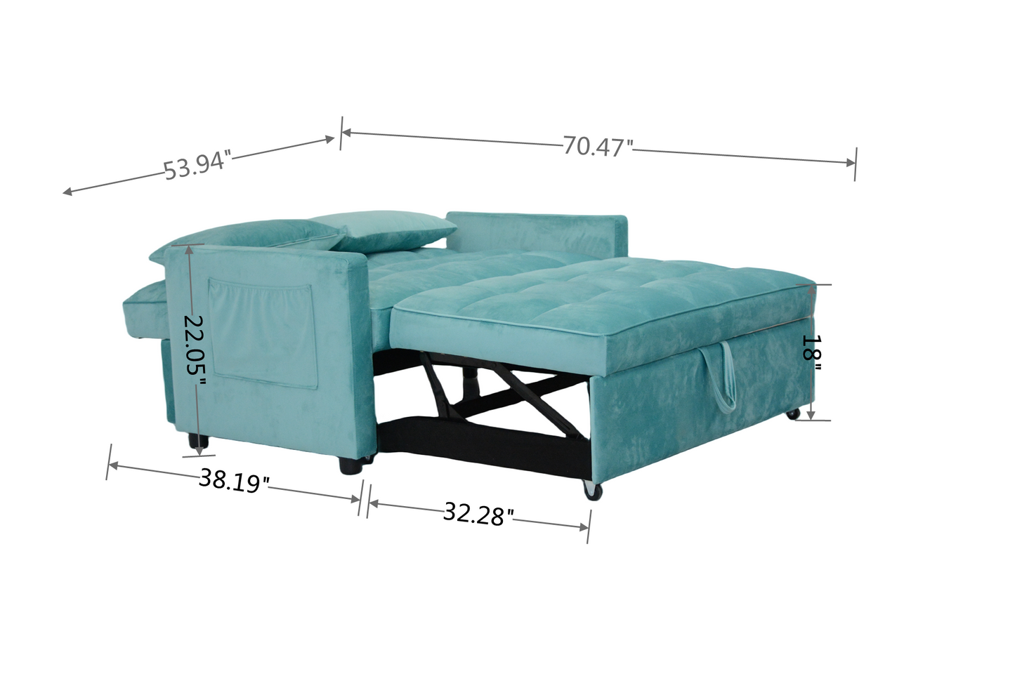 55.2" Velvet Two Seater Pull Out Sofa Bed, Adjustable Backrest With Three USB Ports, Two Side Pockets, 3 in 1 Convertible Sleeper Sofa Bed, Modern Love Seat Lounge Sofa for Living Room, Peacock blue