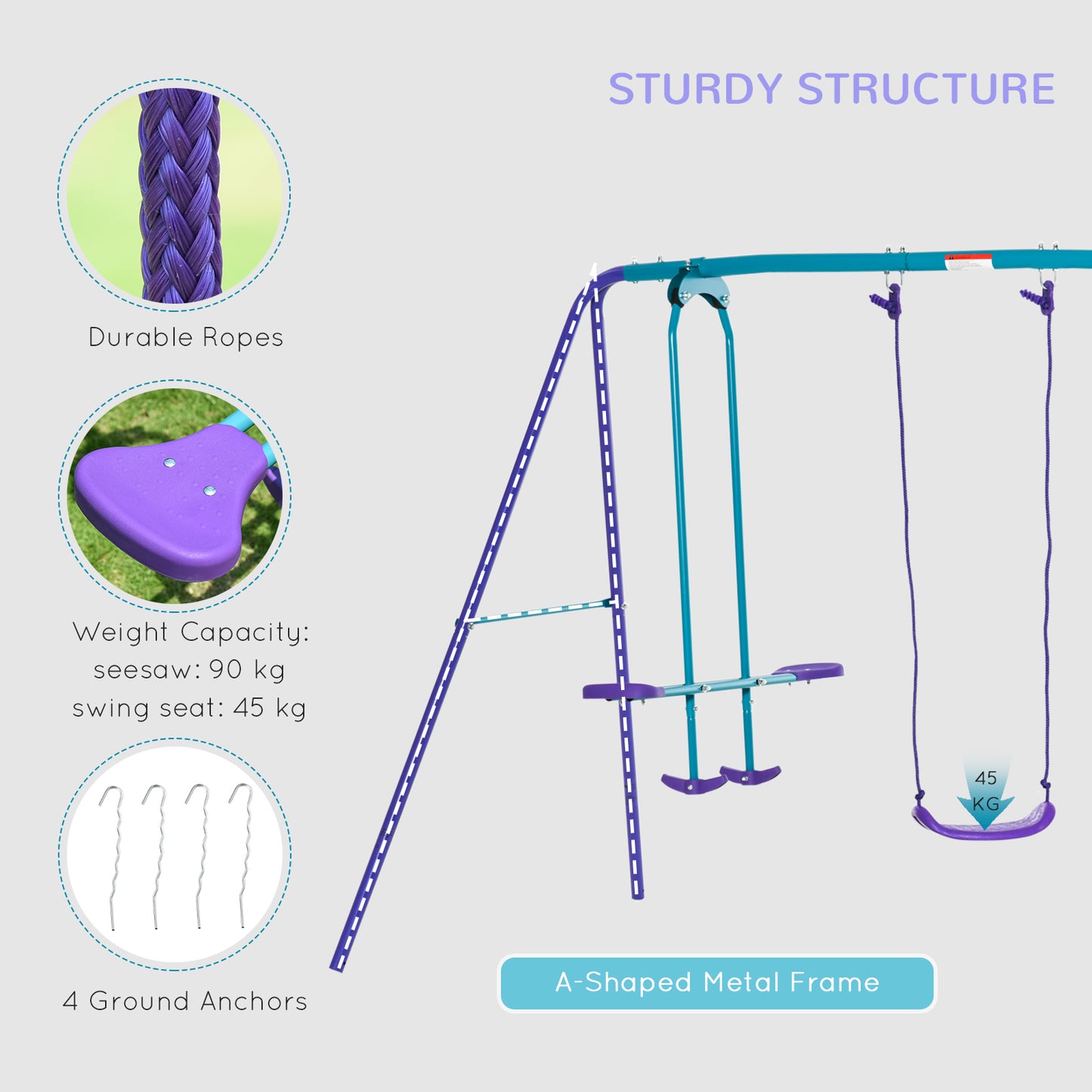 Outsunny Metal Swing Set with Glider, Two Swing Seats and Adjustable Height, Outdoor Heavy Duty A-Frame Suitable for Playground, Backyard, Purple