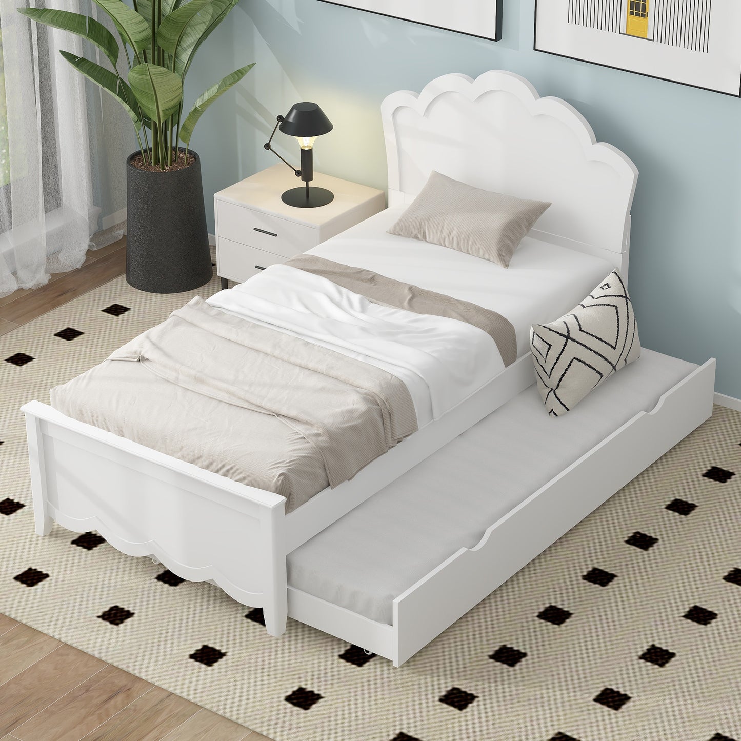 Twin Size Wood Platform Bed with Headboard and Twin Size Trundle, White