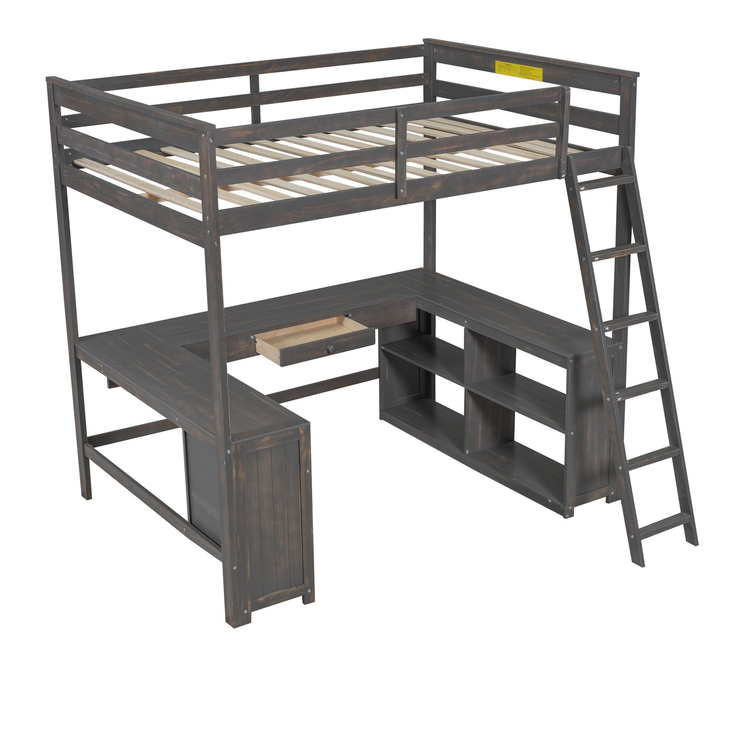 Antique Brown Full Size Loft Bed with U-shaped Desk, Drawers, and Storage Shelves, Pine Wood + MDF