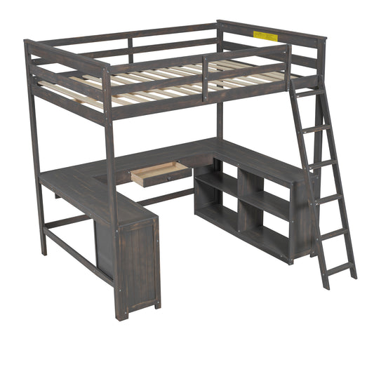 Antique Brown Full Size Loft Bed with U-shaped Desk, Drawers, and Storage Shelves, Pine Wood + MDF