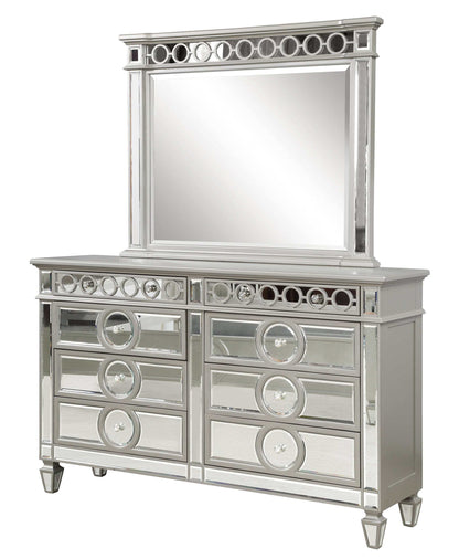 Symphony Modern Style Mirror Front 6 Drawer Dresser with diamond shaped legs and made with wood in Silver