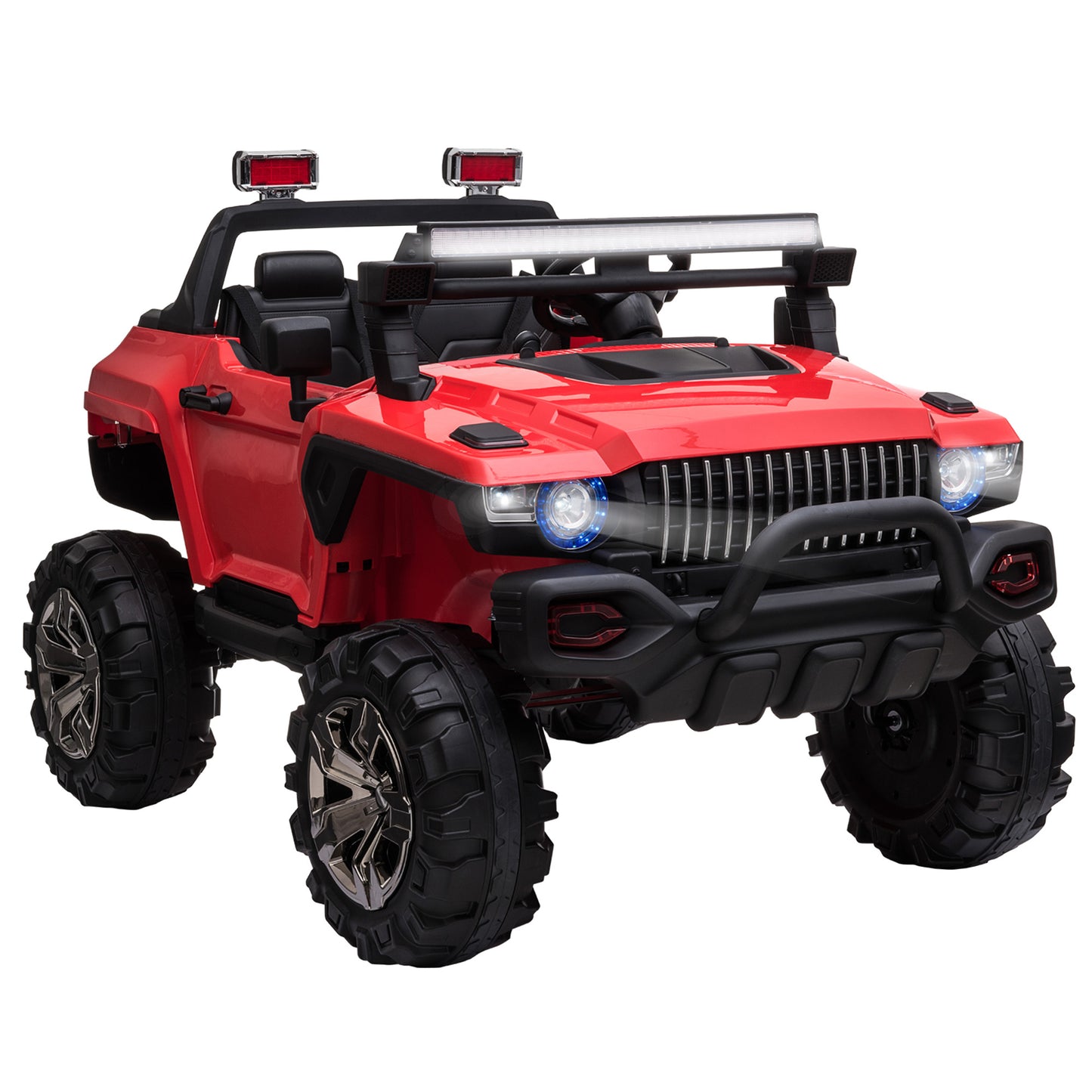 12V Police Car Ride-on Truck with Remote Control & Siren, 2-Seater Battery-Operated Electric Car for Kids with Music, Electric Ride-on Toy with Horn, Red