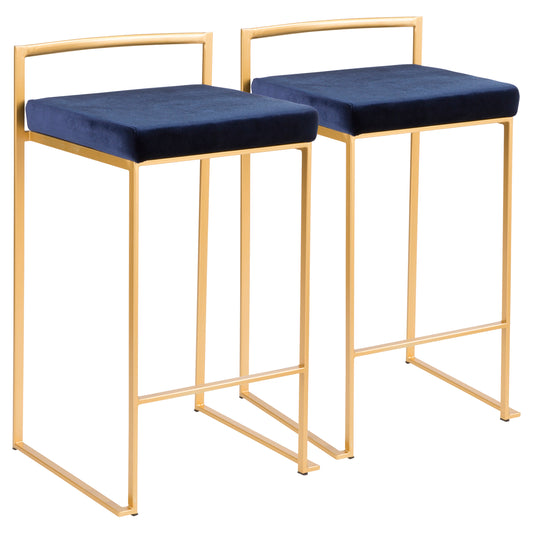 Fuji Contemporary-Glam Stackable Counter Stool in Gold with Blue Velvet Cushion by LumiSource - Set of 2