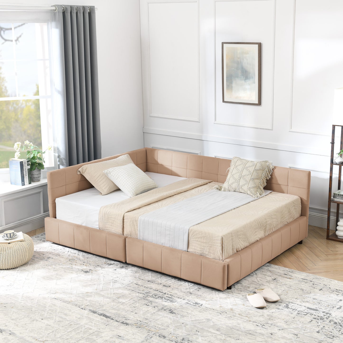 Full Size Storage Upholstered Tufted Bed Frame, Sofa Bed Frame with Comfortable Backrest and Armrests, Full Size Bed for Bedroom, Living Room,Velvet, PINK(80.5''*59''*29.5'')