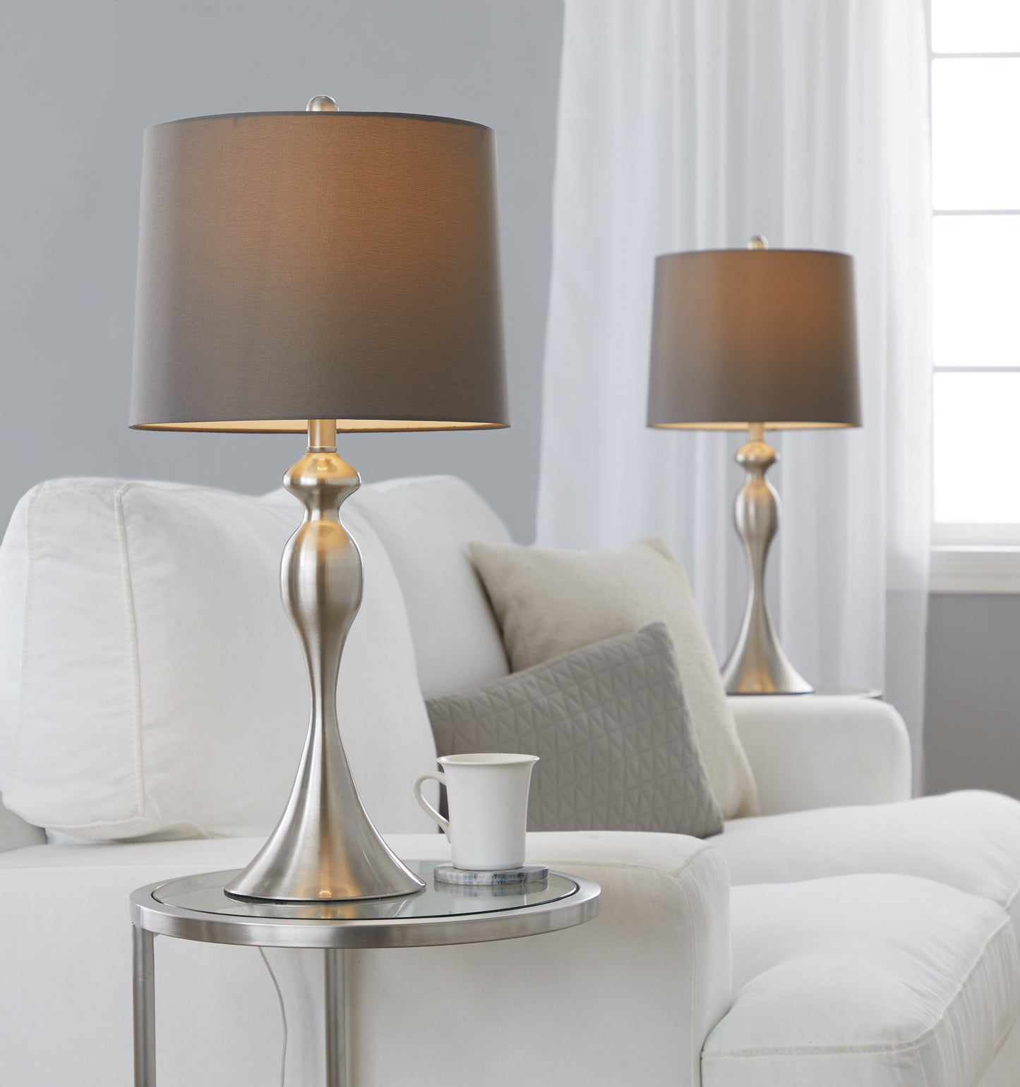 Ashland 27" Contemporary Metal Table Lamp in Brushed Nickel with Taupe Satin Shade from Grandview Gallery by LumiSource - Set of 2