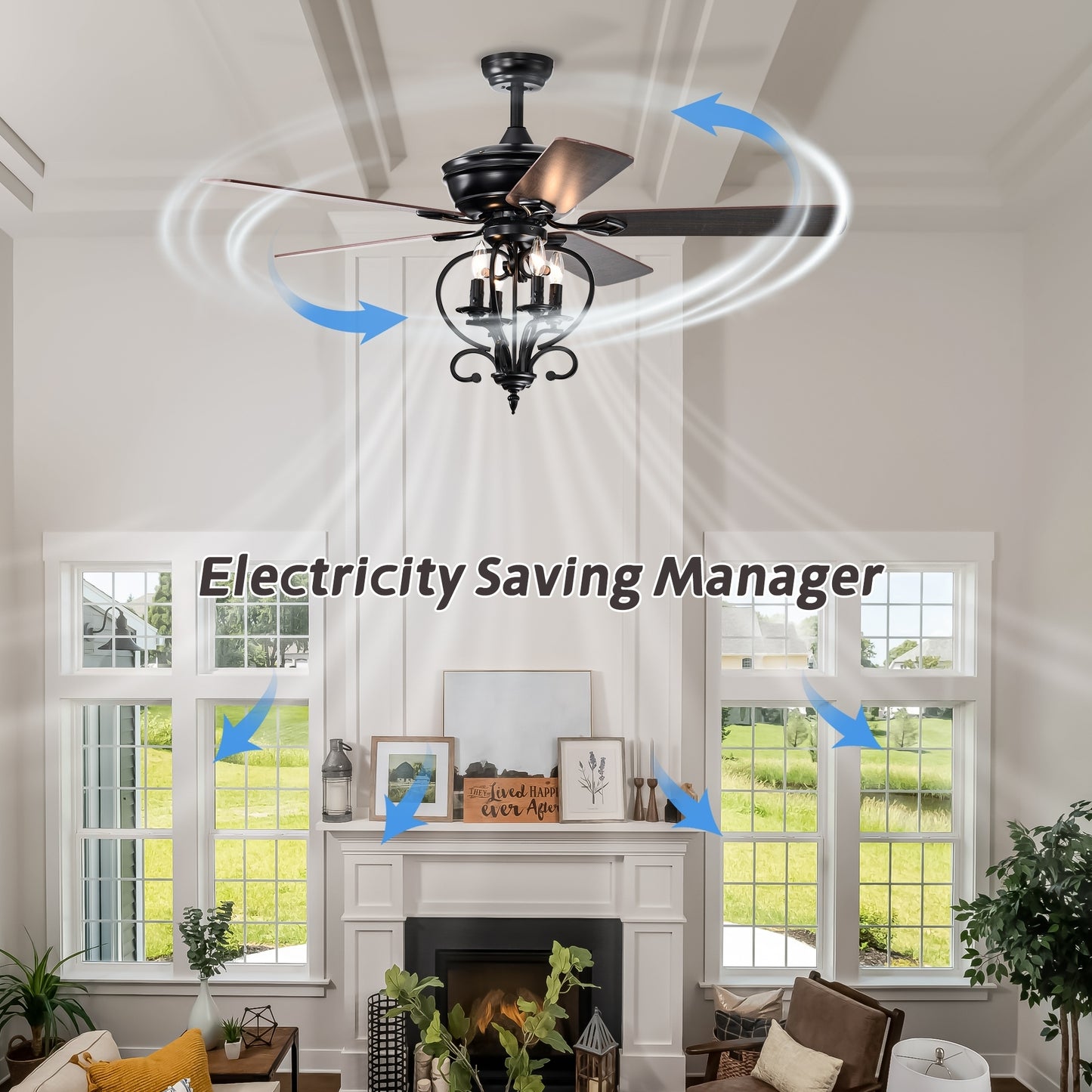 52 inch 4 Lights Ceiling Fan with 5 Wood Blades, Two-color fan blade, AC Motor, Remote Control, Reversible Airflow, 3-Speed, Adjustable Height, Traditional Ceiling Fan for home decorate (Matte Black)