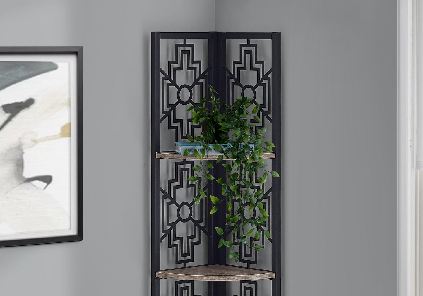 Bookshelf, Bookcase, Etagere, Corner, 4 Tier, 62"h, Office, Bedroom, Brown Laminate, Black Metal, Transitional