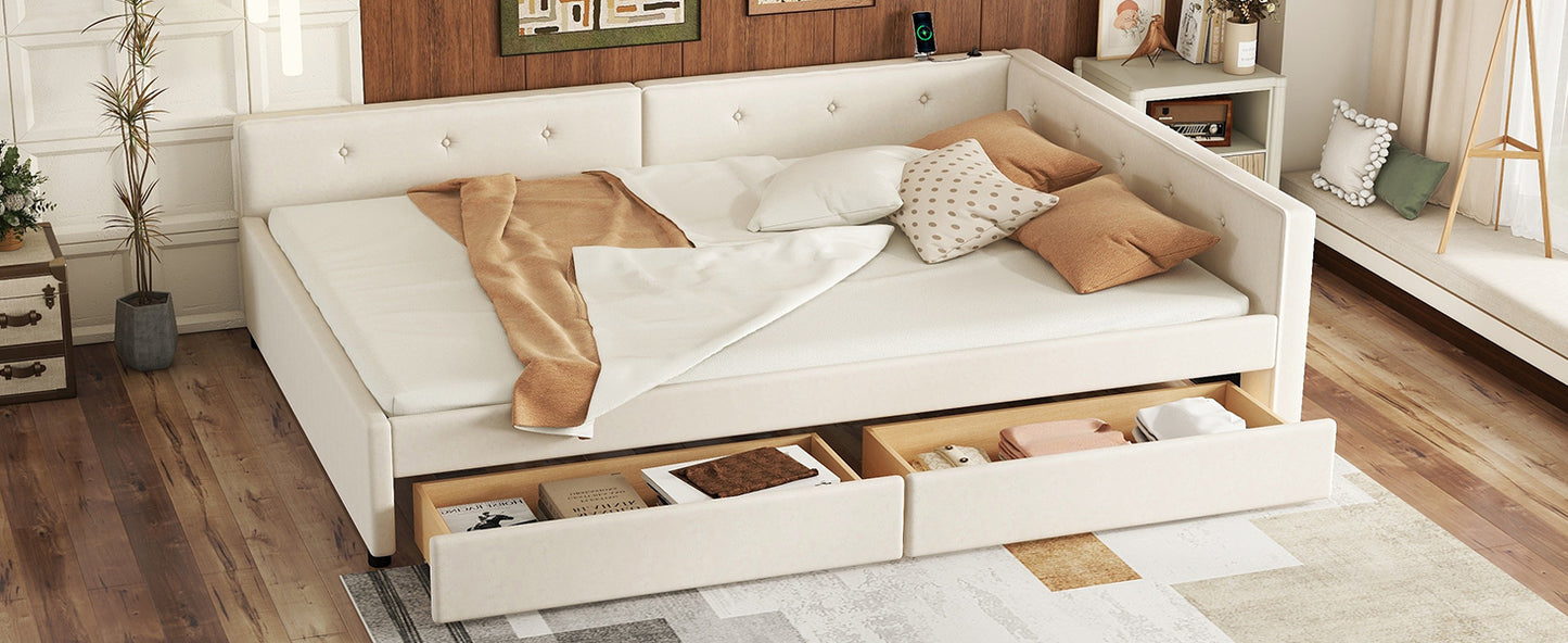 Full Size Upholstered Platform Bed with USB and 2 Drawers, Beige