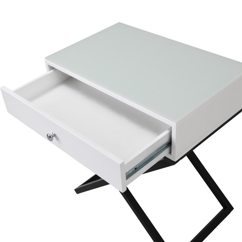 Koda 23" White Wooden End Side Table Nightstand with Glass Top, Drawer and Metal Cross Base