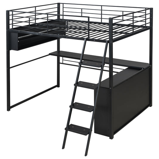 Full Size Metal Loft Bed with LED Desk and 4 Storage Shelves in Black, MDF and Metal Frame