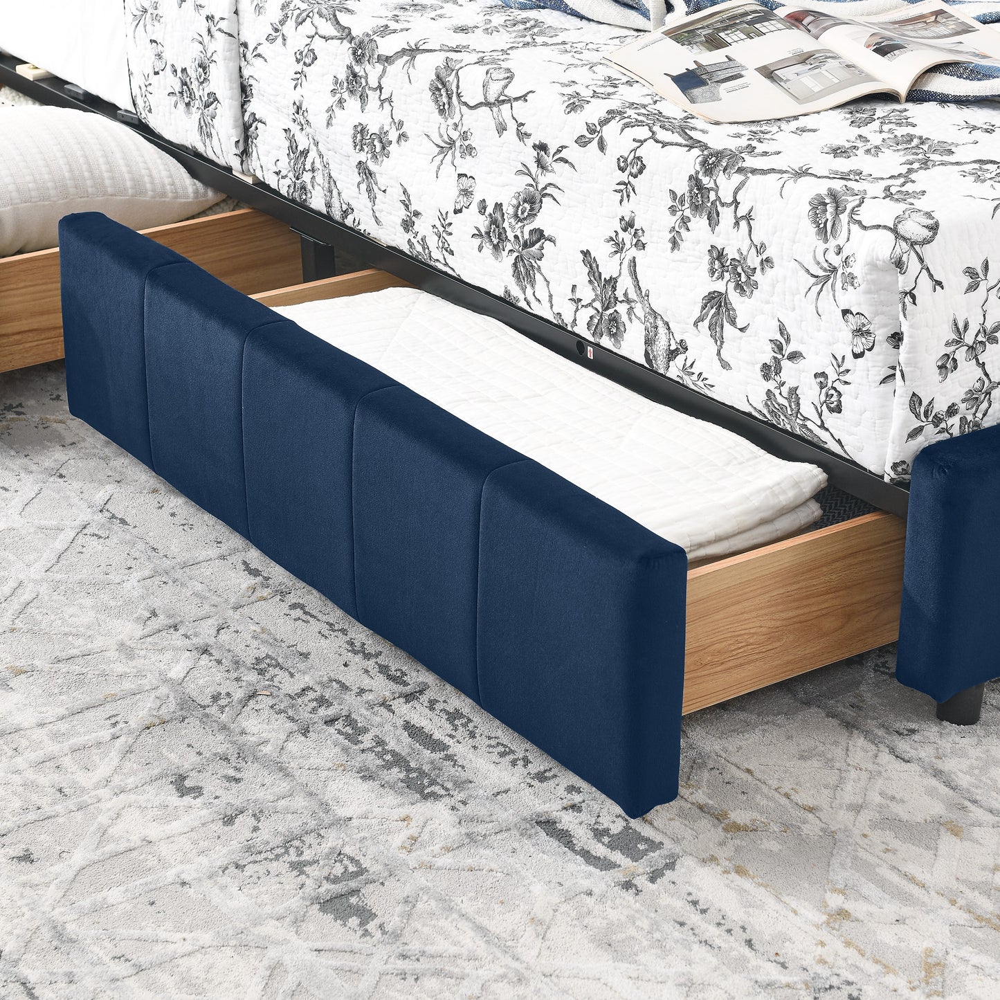 Full Size Storage Upholstered Tufted Bed Frame, Sofa Bed Frame with Comfortable Backrest and Armrests, Full Size Bed for Bedroom, Living Room,Velvet, DARK BLUE(80.5''*59''*29.5'')