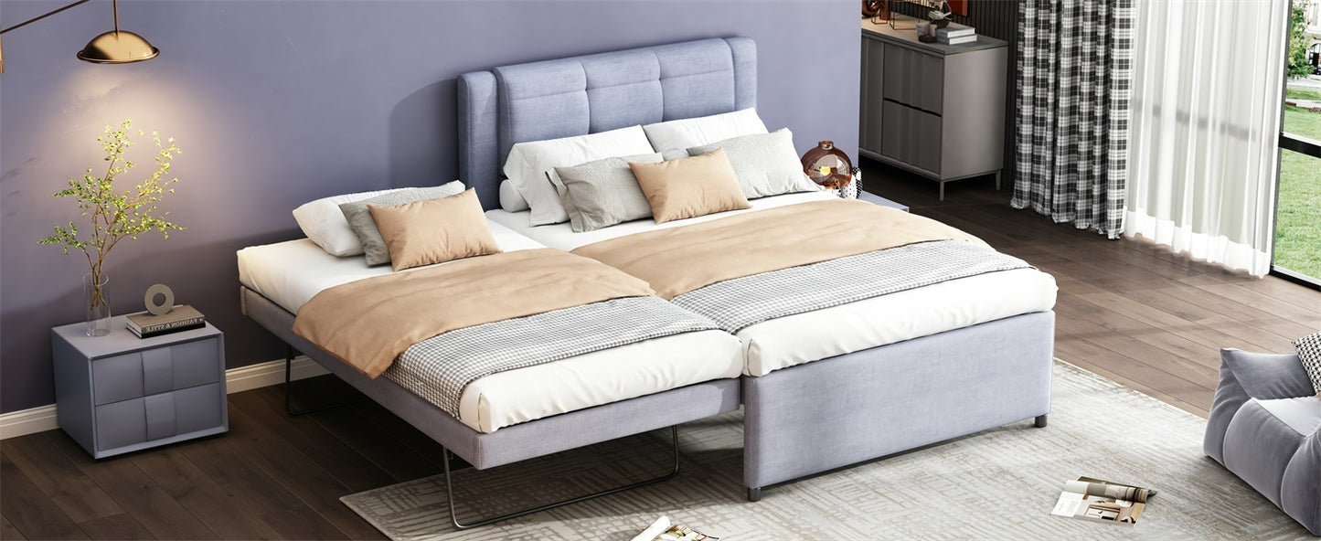 Full Size Upholstery platform bed with Trundle,Trundle can be flat or erected, Gray