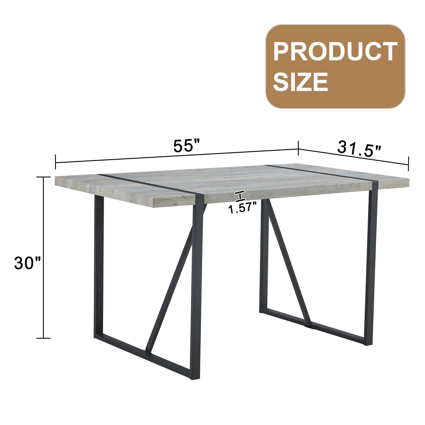 Industrial Rectangular MDF Light Grey Patterned Dining Table for 4-6 people with 1.5 inch thick MDF top and black metal legs for desks, kitchens, patios, dining rooms