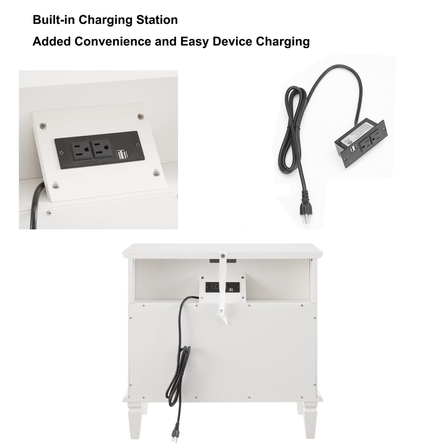 Open Space and 2 Drawers Dresser Nightstand with Charging Station, Farmhouse End Table with USB Ports and Outlets, Fluted Pilasters Design Side Table with Solid Wood Legs for Bedroom