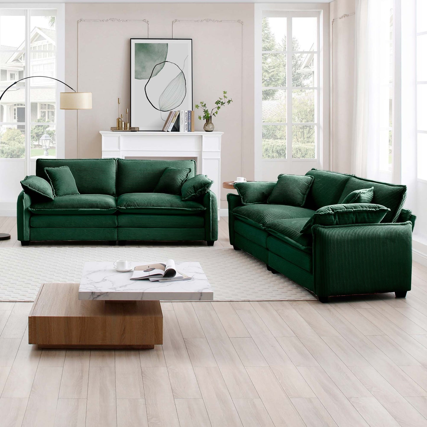 Modern Living Room Sofa Two-Piece Set, Suitable for Living room and Bedroom Sofa Set, Consists of two pieces of 2 Seater Sofa,Green Corduroy