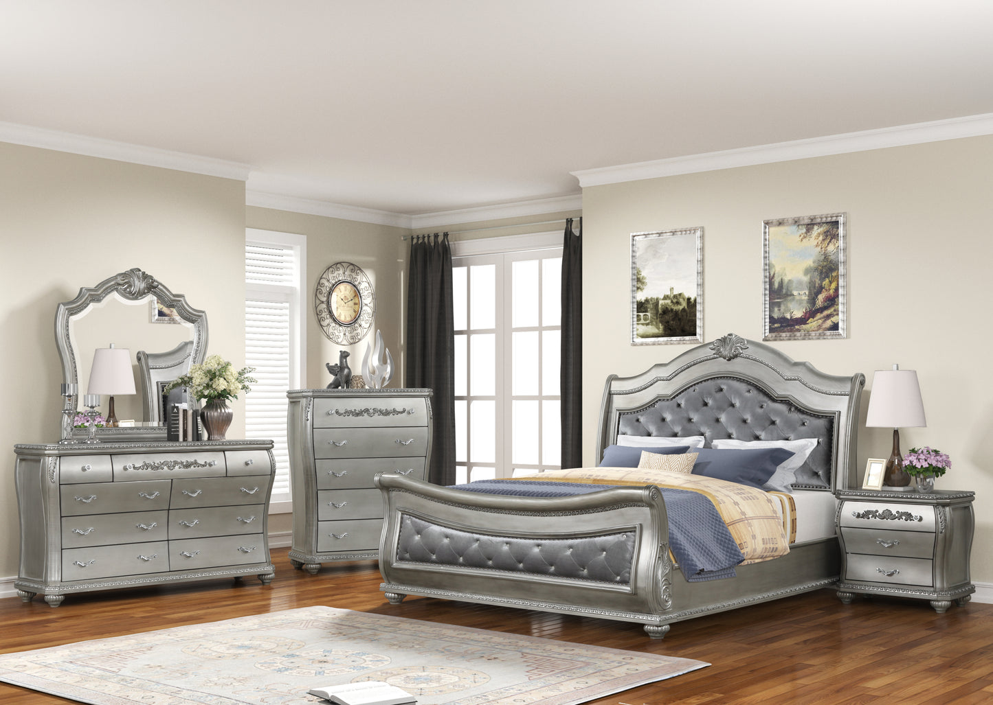 Destiny Traditional Style 5 Pc Queen Bedroom Set With Upholstered Crystal-Tufted bed Made with Wood in Silver