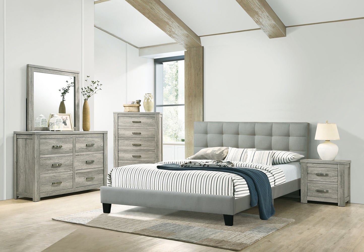 Contemporary 1pc Queen Size Bed Grey Polyfiber Tufted Headboard Platform Bedframe Bedroom Furniture