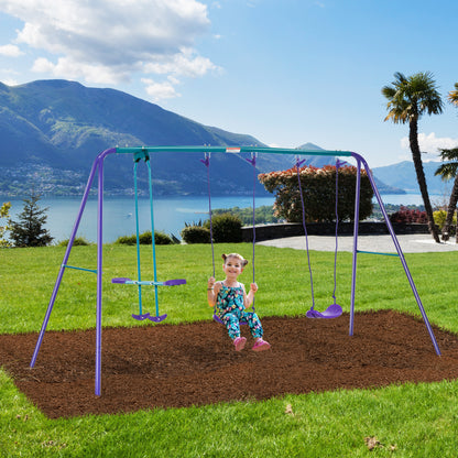 Outsunny Metal Swing Set with Glider, Two Swing Seats and Adjustable Height, Outdoor Heavy Duty A-Frame Suitable for Playground, Backyard, Purple