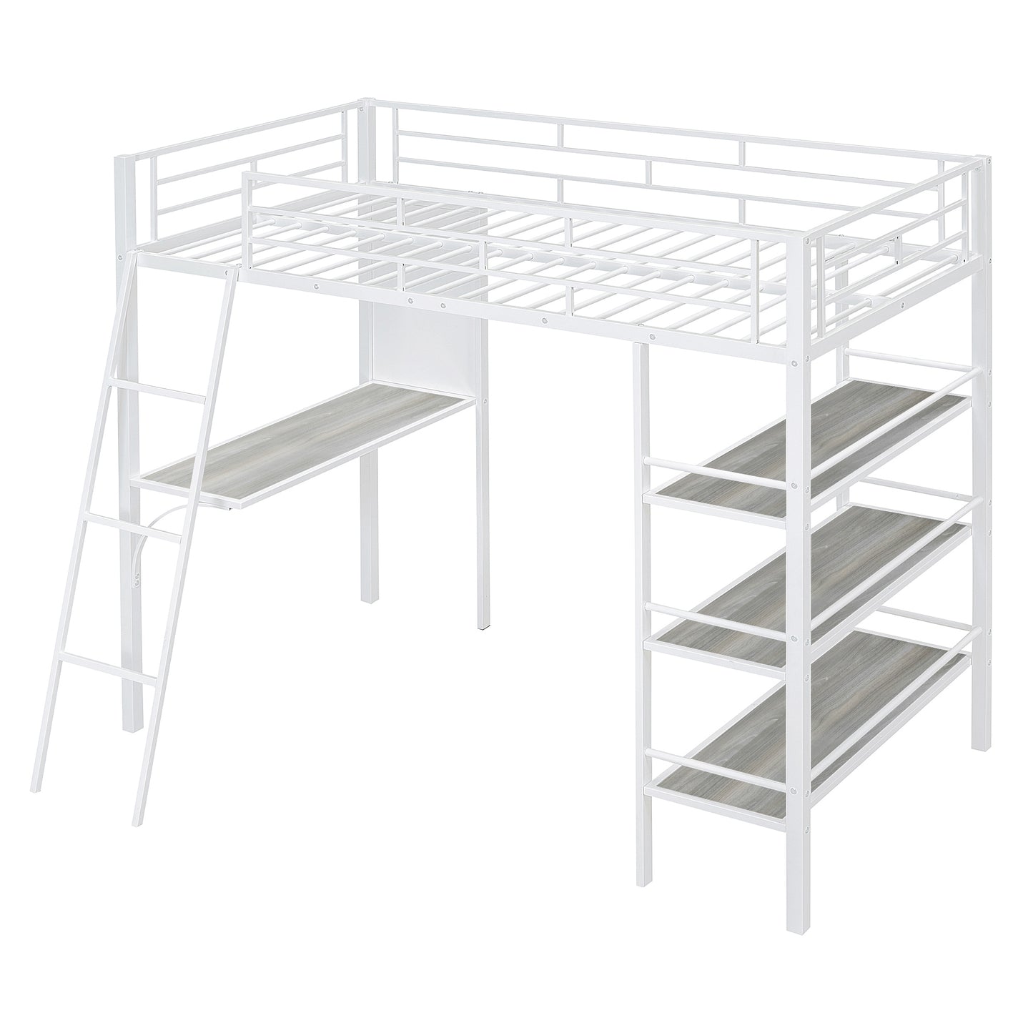 Twin Size Loft Metal Bed with 3 Layers of Shelves and Desk, Stylish Metal Frame Bed with Whiteboard, White