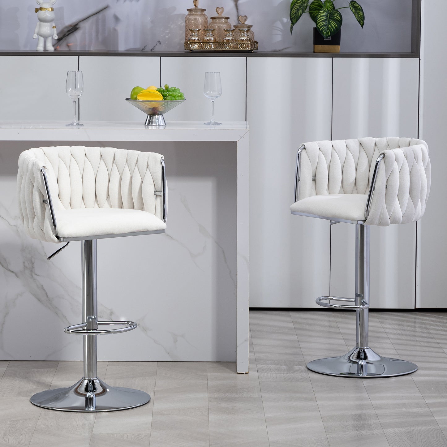 360° Fabric cover Swivel Bar Stools Set of 2, Adjustable Counter Height Bar Chairs with Woven Back & Footrest,Silver chromed  Bar Stools for Kitchen Island, Cafe, Pub (Beige)